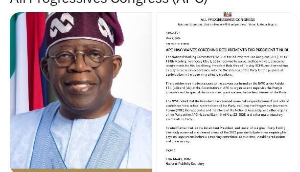 APC NWC Waives Screening Requirements for President Tinubu